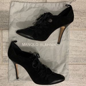 CONSIGNED. Manolo Blahnik Suede Heels with Mesh Overlay
